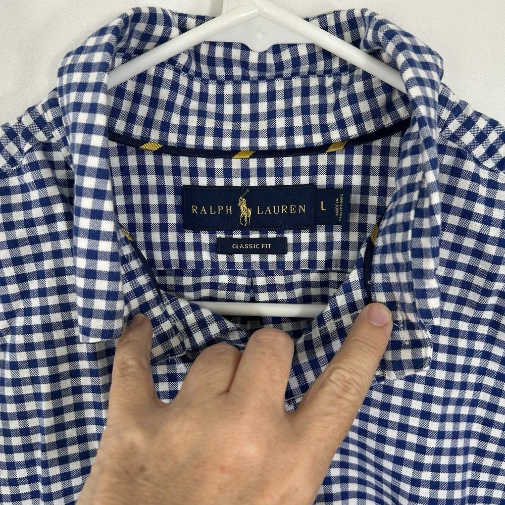 Polo Ralph Lauren Shirt Mens L Gingham Check Blue White Heavyweight Button Down